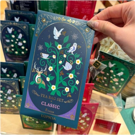 [11/10/2024-12:17-230] Lupicia classic tea bag set 8 pcs 

This is the kind of taste:
5060 Ceylon CTC.
5101 AFTERNOON TEA
5102 English Blend.
5126 The Au Lait
5127 Union Jack.
7005 Golden GUI
7401 Chiran Yutakamidori
8834 Matcha Black Bean Brown Rice Tea